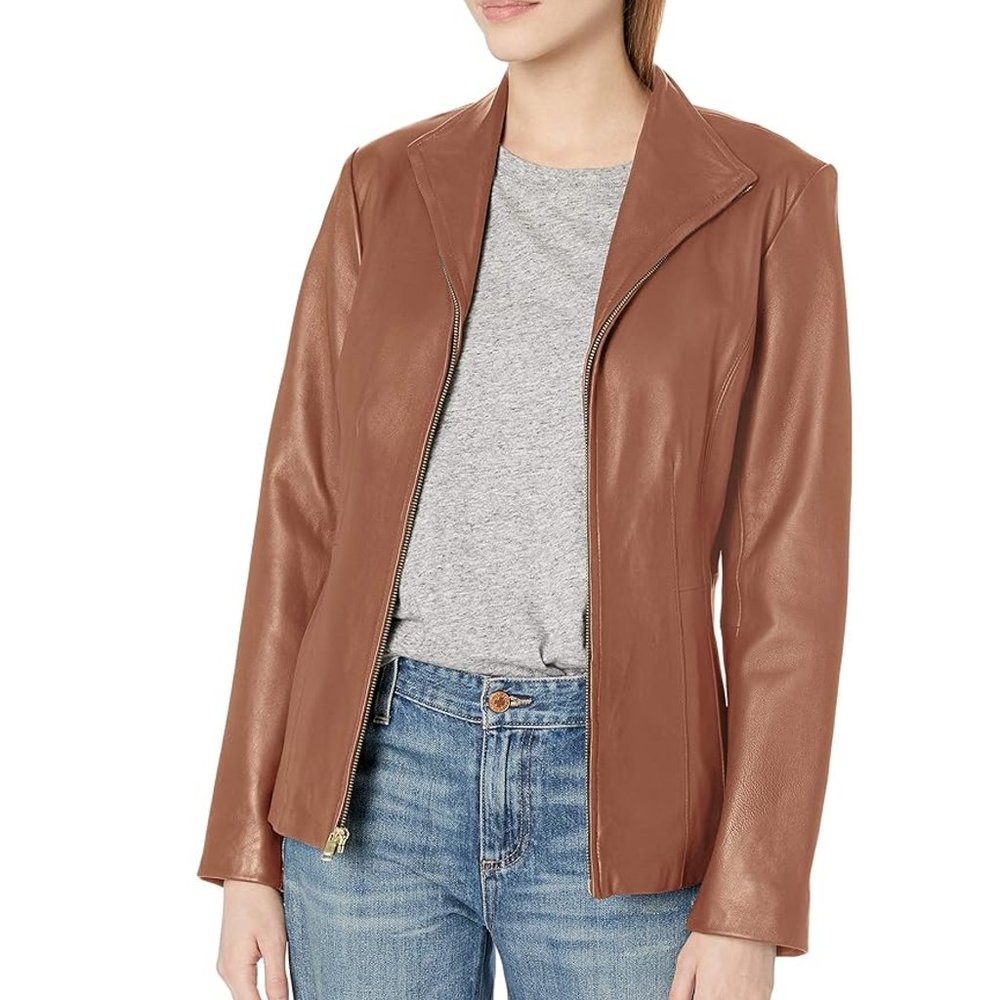 Cole Haan | Zipped Winged Leather Jacket | Cognac | Size Large